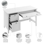 Bureau informatique 137 cm avec tiroirs, blanc pur, tiroir classeur, tablette coulissante pour clavier, contemporain