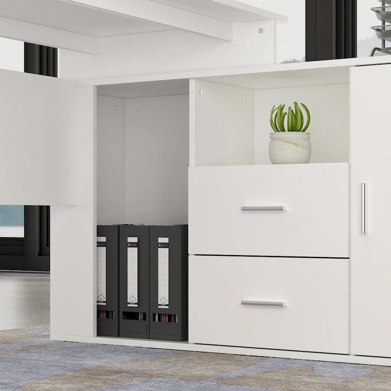 Bureau d'ordinateur en L avec tiroirs et étagères