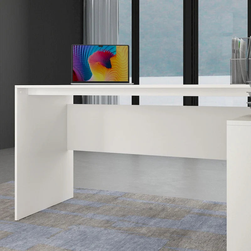 Bureau d'ordinateur en L avec tiroirs et étagères