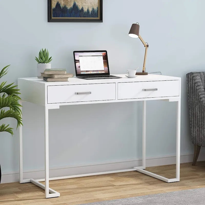 Petit bureau avec 2 tiroirs, plateau en MDF et cadre en métal doré, 100 cm (L) x 76 cm (H), 100 kg, Blanc/Doré