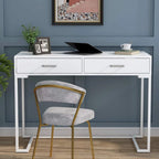 Petit bureau avec 2 tiroirs, plateau en MDF et cadre en métal doré, 100 cm (L) x 76 cm (H), 100 kg, Blanc/Doré