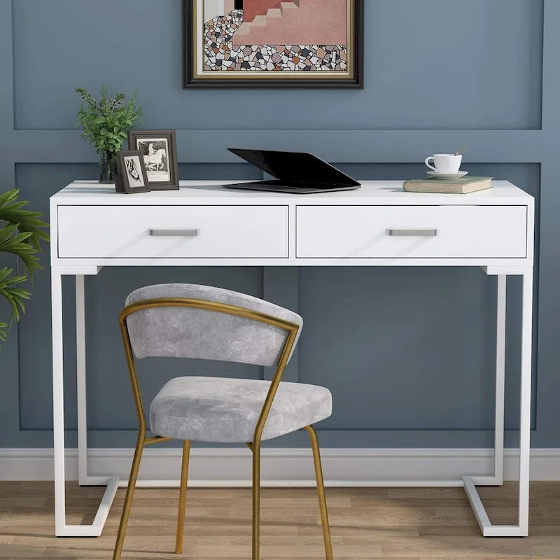Petit bureau avec 2 tiroirs, plateau en MDF et cadre en métal doré, 100 cm (L) x 76 cm (H), 100 kg, Blanc/Doré