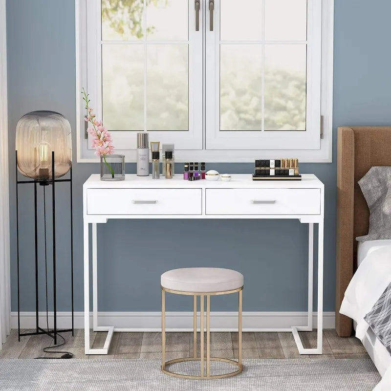 Petit bureau avec 2 tiroirs, plateau en MDF et cadre en métal doré, 100 cm (L) x 76 cm (H), 100 kg, Blanc/Doré