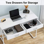 Petit bureau avec 2 tiroirs, plateau en MDF et cadre en métal doré, 100 cm (L) x 76 cm (H), 100 kg, Blanc/Doré