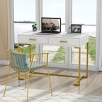 Petit bureau avec 2 tiroirs, plateau en MDF et cadre en métal doré, 100 cm (L) x 76 cm (H), 100 kg, Blanc/Doré