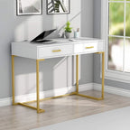 Petit bureau avec 2 tiroirs, plateau en MDF et cadre en métal doré, 100 cm (L) x 76 cm (H), 100 kg, Blanc/Doré