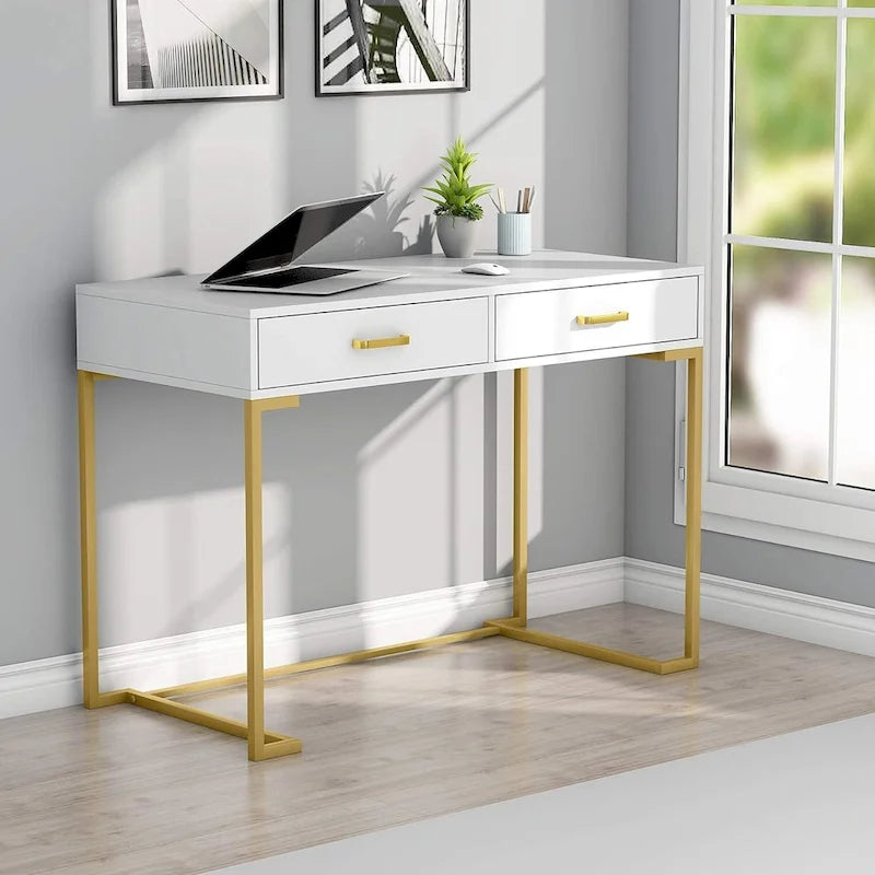 Petit bureau avec 2 tiroirs, plateau en MDF et cadre en métal doré, 100 cm (L) x 76 cm (H), 100 kg, Blanc/Doré