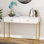 Petit bureau avec 2 tiroirs, plateau en MDF et cadre en métal doré, 100 cm (L) x 76 cm (H), 100 kg, Blanc/Doré