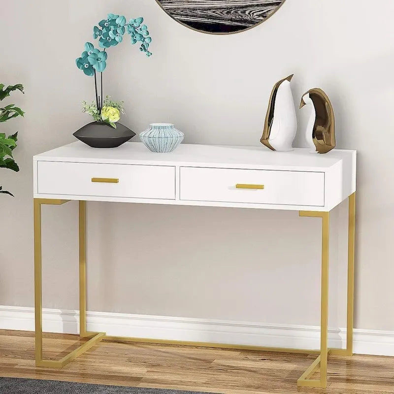 Petit bureau avec 2 tiroirs, plateau en MDF et cadre en métal doré, 100 cm (L) x 76 cm (H), 100 kg, Blanc/Doré