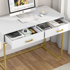 Petit bureau avec 2 tiroirs, plateau en MDF et cadre en métal doré, 100 cm (L) x 76 cm (H), 100 kg, Blanc/Doré