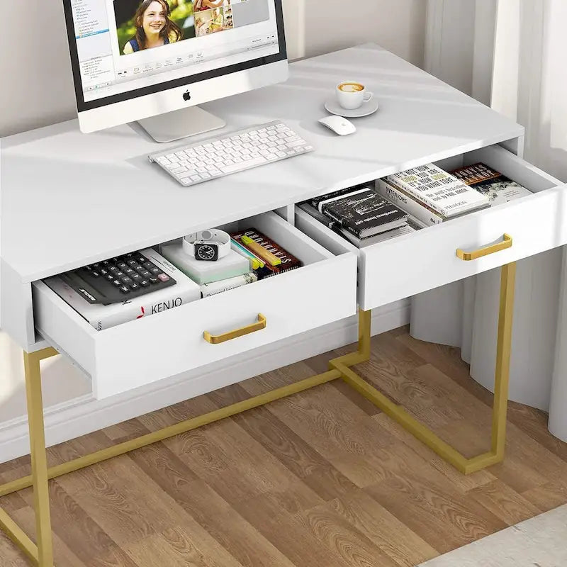 Petit bureau avec 2 tiroirs, plateau en MDF et cadre en métal doré, 100 cm (L) x 76 cm (H), 100 kg, Blanc/Doré