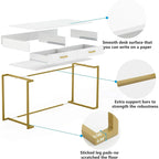 Petit bureau avec 2 tiroirs, plateau en MDF et cadre en métal doré, 100 cm (L) x 76 cm (H), 100 kg, Blanc/Doré