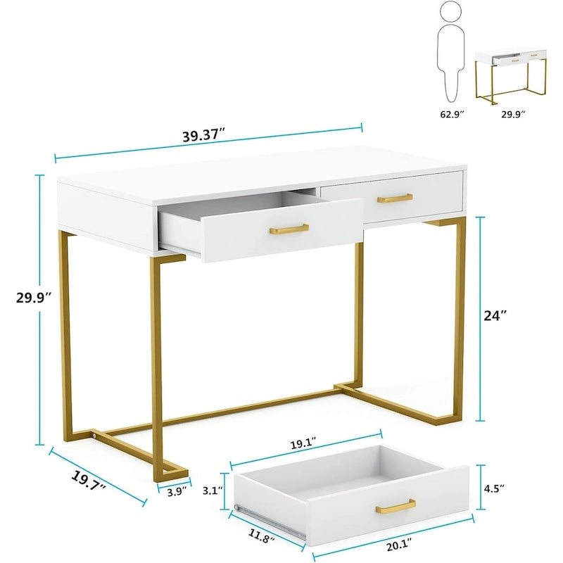 Petit bureau avec 2 tiroirs, plateau en MDF et cadre en métal doré, 100 cm (L) x 76 cm (H), 100 kg, Blanc/Doré