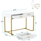 Petit bureau avec 2 tiroirs, plateau en MDF et cadre en métal doré, 100 cm (L) x 76 cm (H), 100 kg, Blanc/Doré