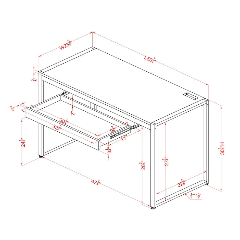 Bureau d'ordinateur contemporain en acier de 50 pouces avec ports USB