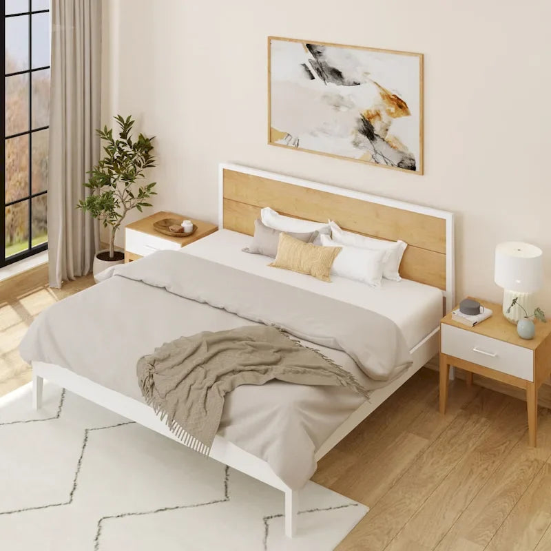 Ensemble de chambre King avec 2 tables de chevet, en bois massif, style minimaliste danois, 450 kg, blanc/noyer