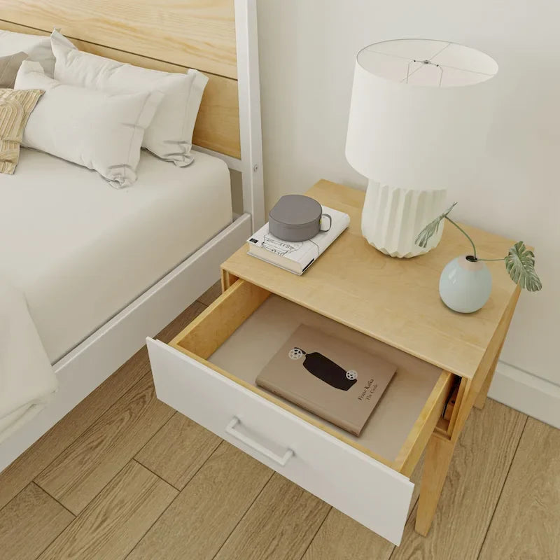 Ensemble de chambre King avec 2 tables de chevet, en bois massif, style minimaliste danois, 450 kg, blanc/noyer
