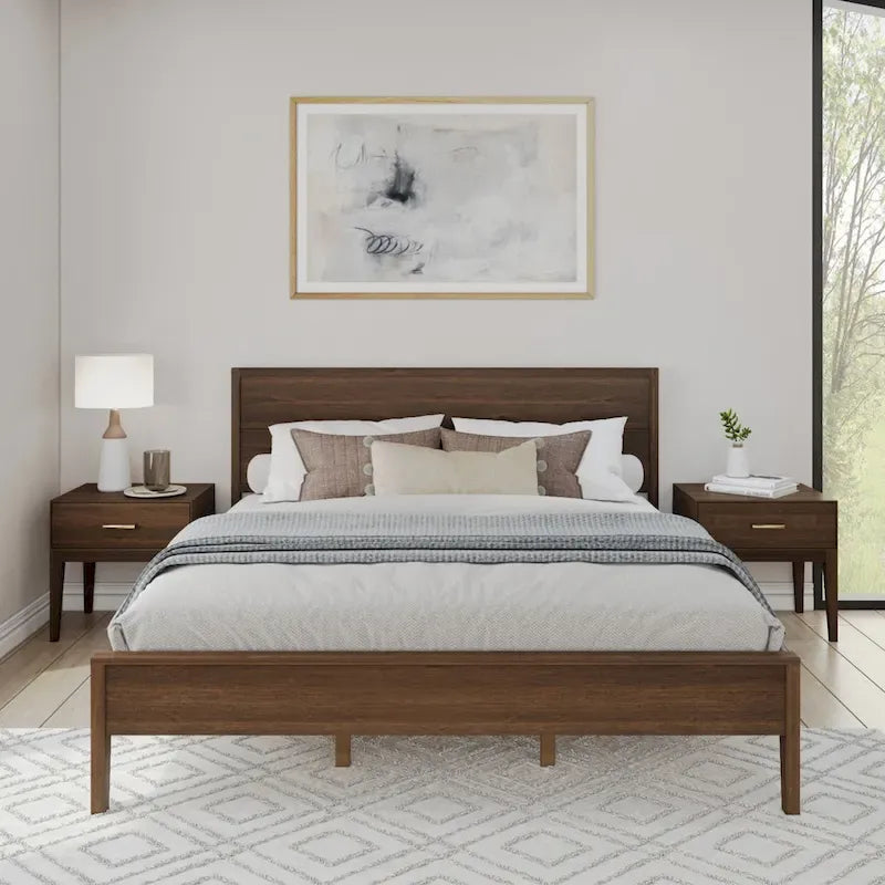 Ensemble de chambre King avec 2 tables de chevet, en bois massif, style minimaliste danois, 450 kg, blanc/noyer