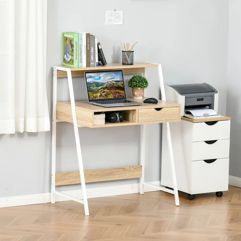 Bureau d'ordinateur pour petits espaces, bureau d'étude pour écolier, petit bureau d'angle avec tiroir et étagères de rangement