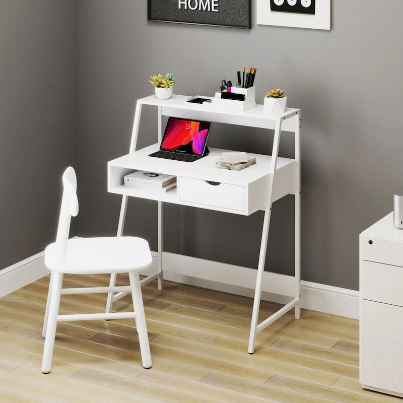Bureau d'ordinateur pour petits espaces, bureau d'étude pour écolier, petit bureau d'angle avec tiroir et étagères de rangement