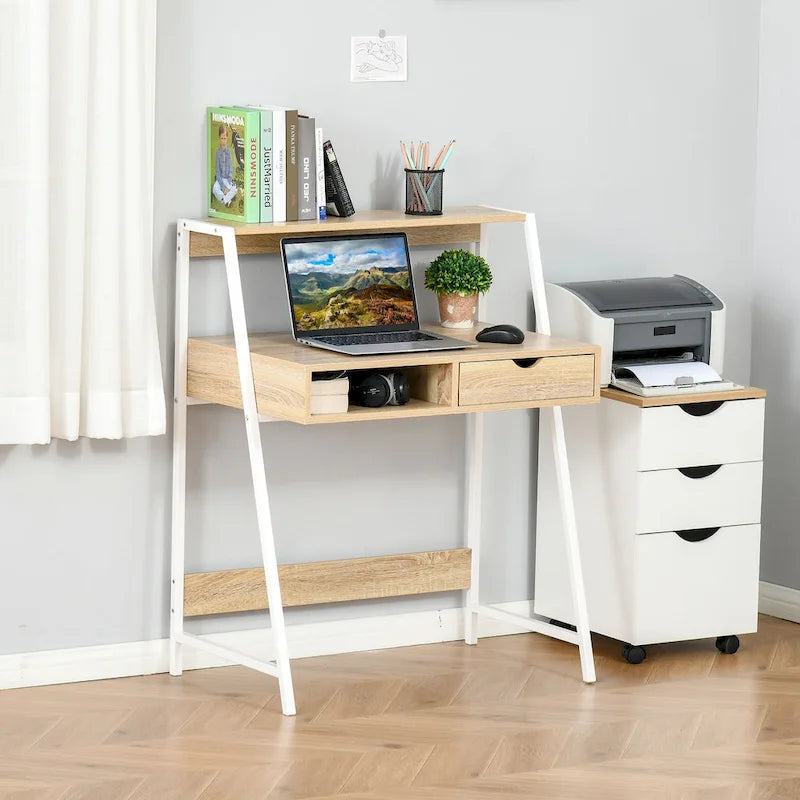 Bureau d'ordinateur pour petits espaces, bureau d'étude pour écolier, petit bureau d'angle avec tiroir et étagères de rangement