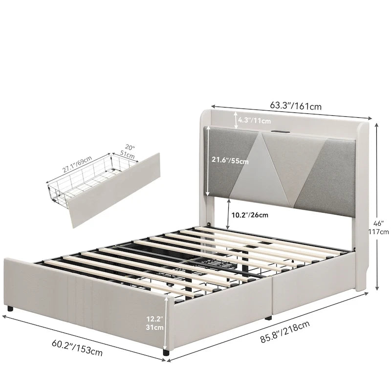 Cadre de lit à oreilles, Beige/Gris, 4 tiroirs de rangement, Ports USB, Grand Lit/Très Grand Lit, 2 places