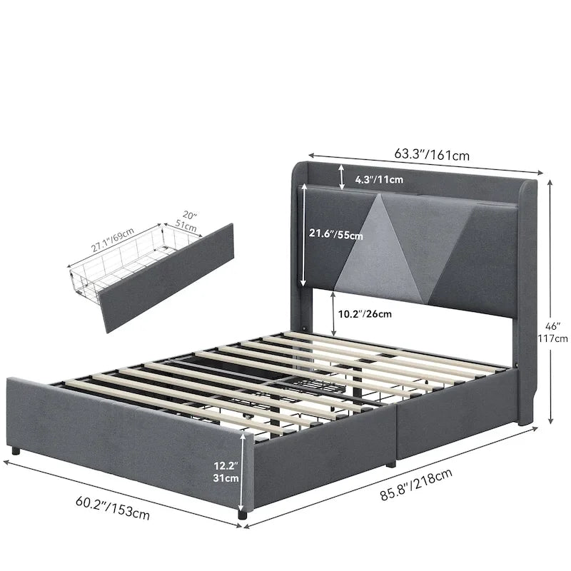 Cadre de lit à oreilles, Beige/Gris, 4 tiroirs de rangement, Ports USB, Grand Lit/Très Grand Lit, 2 places