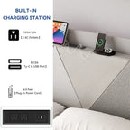 Cadre de lit à oreilles, Beige/Gris, 4 tiroirs de rangement, Ports USB, Grand Lit/Très Grand Lit, 2 places