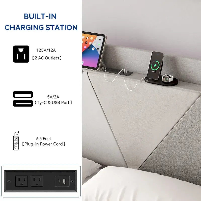 Cadre de lit à oreilles, Beige/Gris, 4 tiroirs de rangement, Ports USB, Grand Lit/Très Grand Lit, 2 places