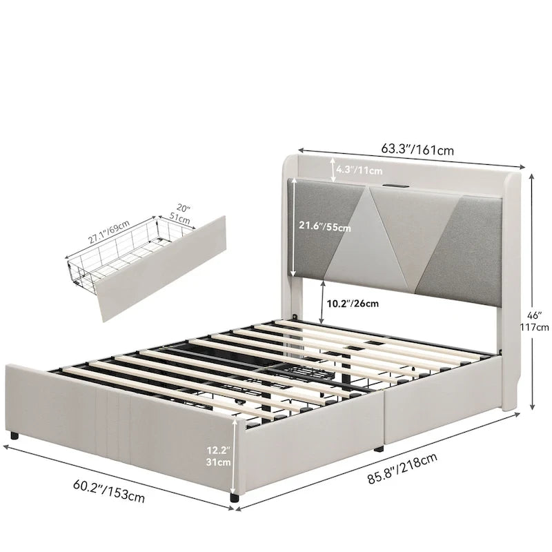 Cadre de lit à oreilles, Beige/Gris, 4 tiroirs de rangement, Ports USB, Grand Lit/Très Grand Lit, 2 places