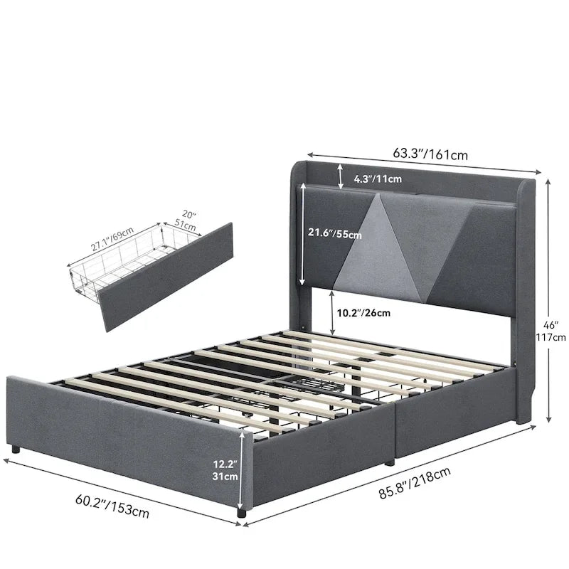 Cadre de lit à oreilles, Beige/Gris, 4 tiroirs de rangement, Ports USB, Grand Lit/Très Grand Lit, 2 places