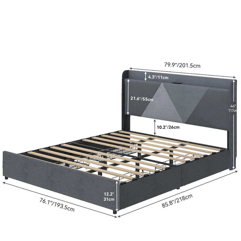 Cadre de lit à oreilles, Beige/Gris, 4 tiroirs de rangement, Ports USB, Grand Lit/Très Grand Lit, 2 places