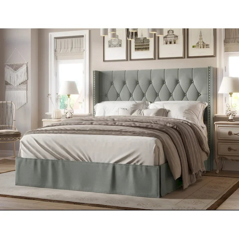 Lit capitonné avec panneaux, tête de lit à oreilles, garniture cloutée, 2 places, gris/noir/beige/bleu denim, simple/double/grand/très grand