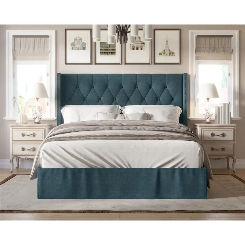 Lit capitonné avec panneaux, tête de lit à oreilles, garniture cloutée, 2 places, gris/noir/beige/bleu denim, simple/double/grand/très grand