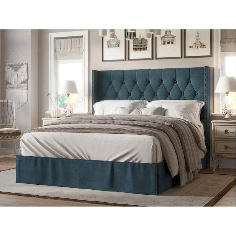 Lit capitonné avec panneaux, tête de lit à oreilles, garniture cloutée, 2 places, gris/noir/beige/bleu denim, simple/double/grand/très grand
