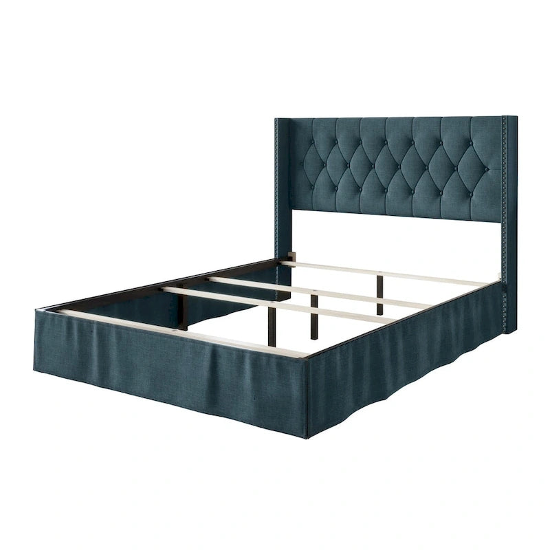 Lit capitonné avec panneaux, tête de lit à oreilles, garniture cloutée, 2 places, gris/noir/beige/bleu denim, simple/double/grand/très grand