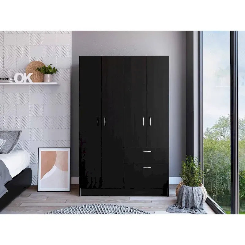 Armoire de chambre à 2 portes avec tiroir et meuble à chaussures, 161,8 cm (L) x 180,8 cm (H), finition wengé