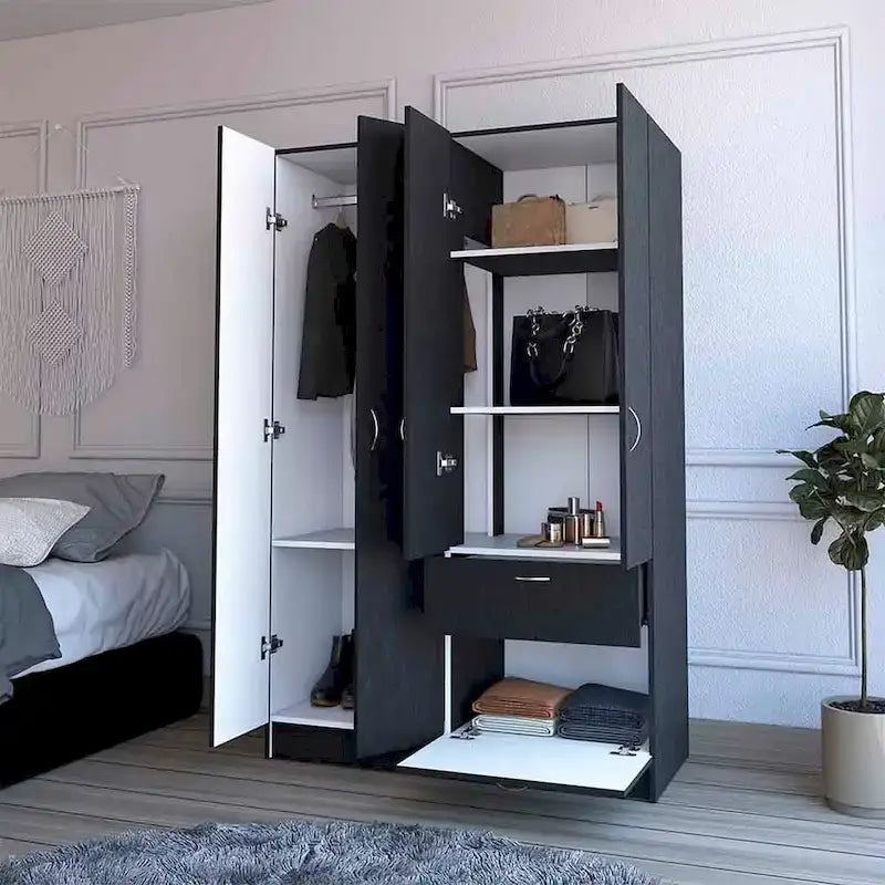Armoire de chambre à 2 portes avec tiroir et meuble à chaussures, 161,8 cm (L) x 180,8 cm (H), finition wengé