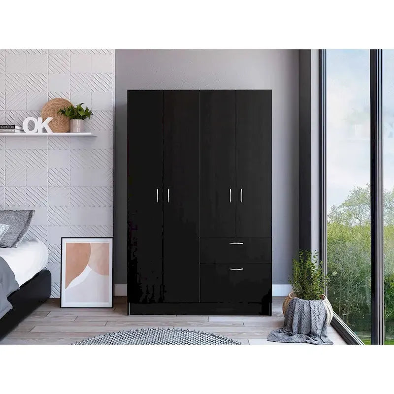 Armoire de chambre à 2 portes avec tiroir et meuble à chaussures, 161,8 cm (L) x 180,8 cm (H), finition wengé