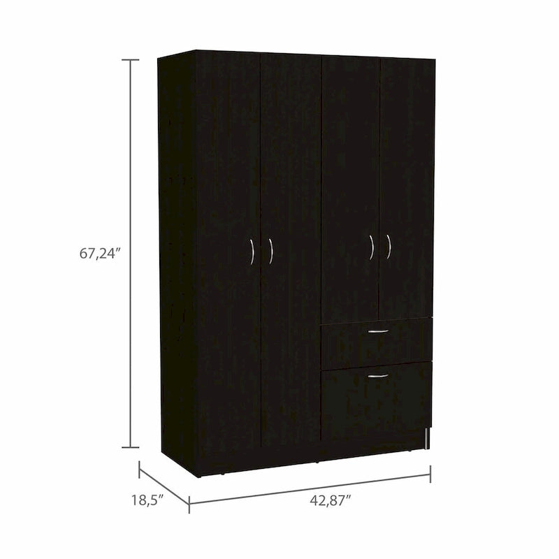 Armoire de chambre à 2 portes avec tiroir et meuble à chaussures, 161,8 cm (L) x 180,8 cm (H), finition wengé