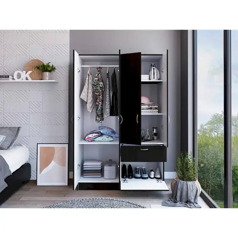 Armoire de chambre à 2 portes avec tiroir et meuble à chaussures, 161,8 cm (L) x 180,8 cm (H), finition wengé