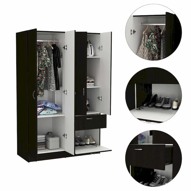Armoire de chambre à 2 portes avec tiroir et meuble à chaussures, 161,8 cm (L) x 180,8 cm (H), finition wengé