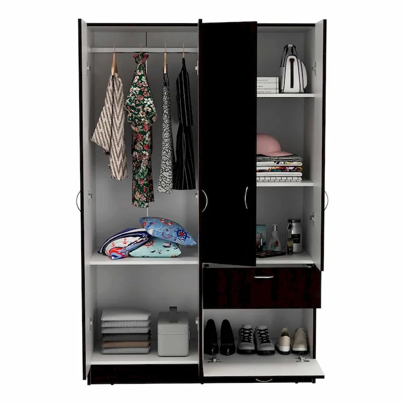 Armoire de chambre à 2 portes avec tiroir et meuble à chaussures, 161,8 cm (L) x 180,8 cm (H), finition wengé