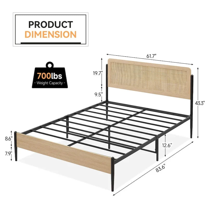 Lit avec tête de lit incurvée en rotin, MDF et métal, sans sommier tapissier, 317,5 kg, Double/Queen