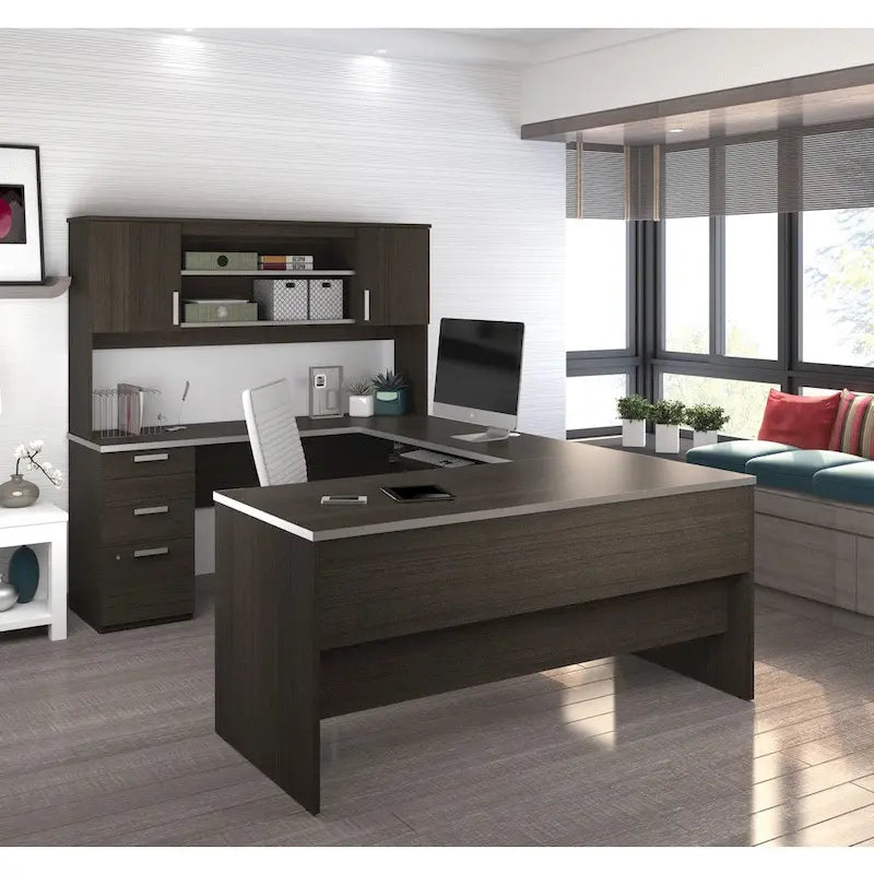 Bureau de direction en U noir/blanc avec huche et armoire, 65 po de largeur, tablette coulissante pour clavier, tiroir classeur