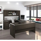 Bureau de direction en U noir/blanc avec huche et armoire, 65 po de largeur, tablette coulissante pour clavier, tiroir classeur