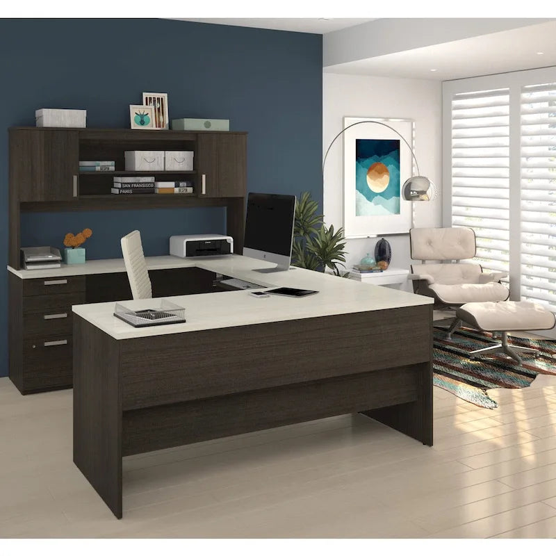 Bureau de direction en U noir/blanc avec huche et armoire, 65 po de largeur, tablette coulissante pour clavier, tiroir classeur