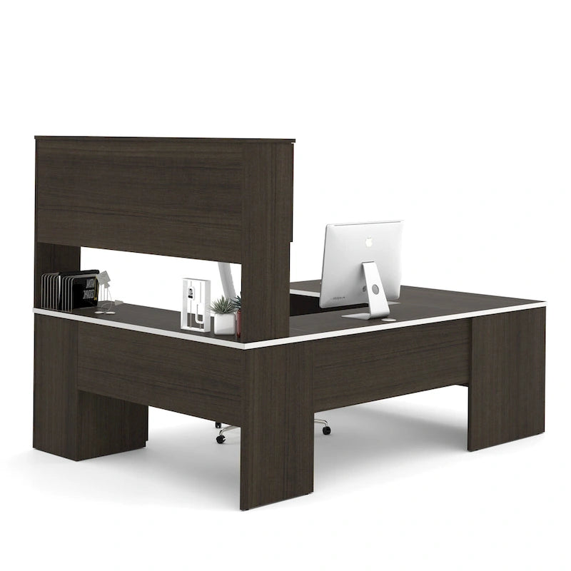 Bureau de direction en U noir/blanc avec huche et armoire, 65 po de largeur, tablette coulissante pour clavier, tiroir classeur