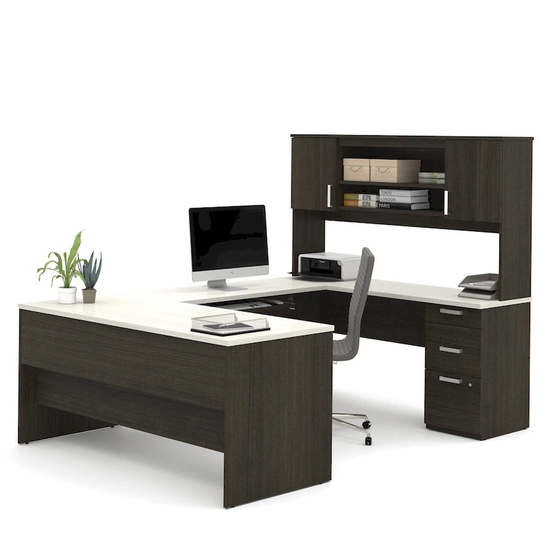 Bureau de direction en U noir/blanc avec huche et armoire, 65 po de largeur, tablette coulissante pour clavier, tiroir classeur