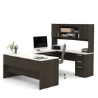 Bureau de direction en U noir/blanc avec huche et armoire, 65 po de largeur, tablette coulissante pour clavier, tiroir classeur